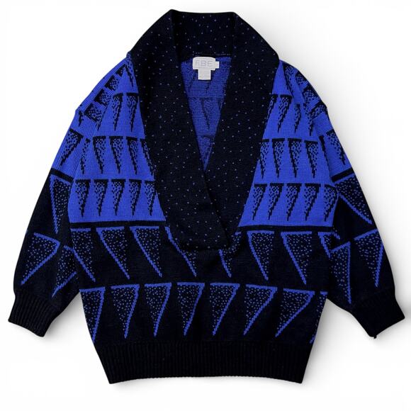 Vintage Sweaters - Vintage FABE Abstract Shawl Collar Geometric Triangle Knit Sweater Blue Black M